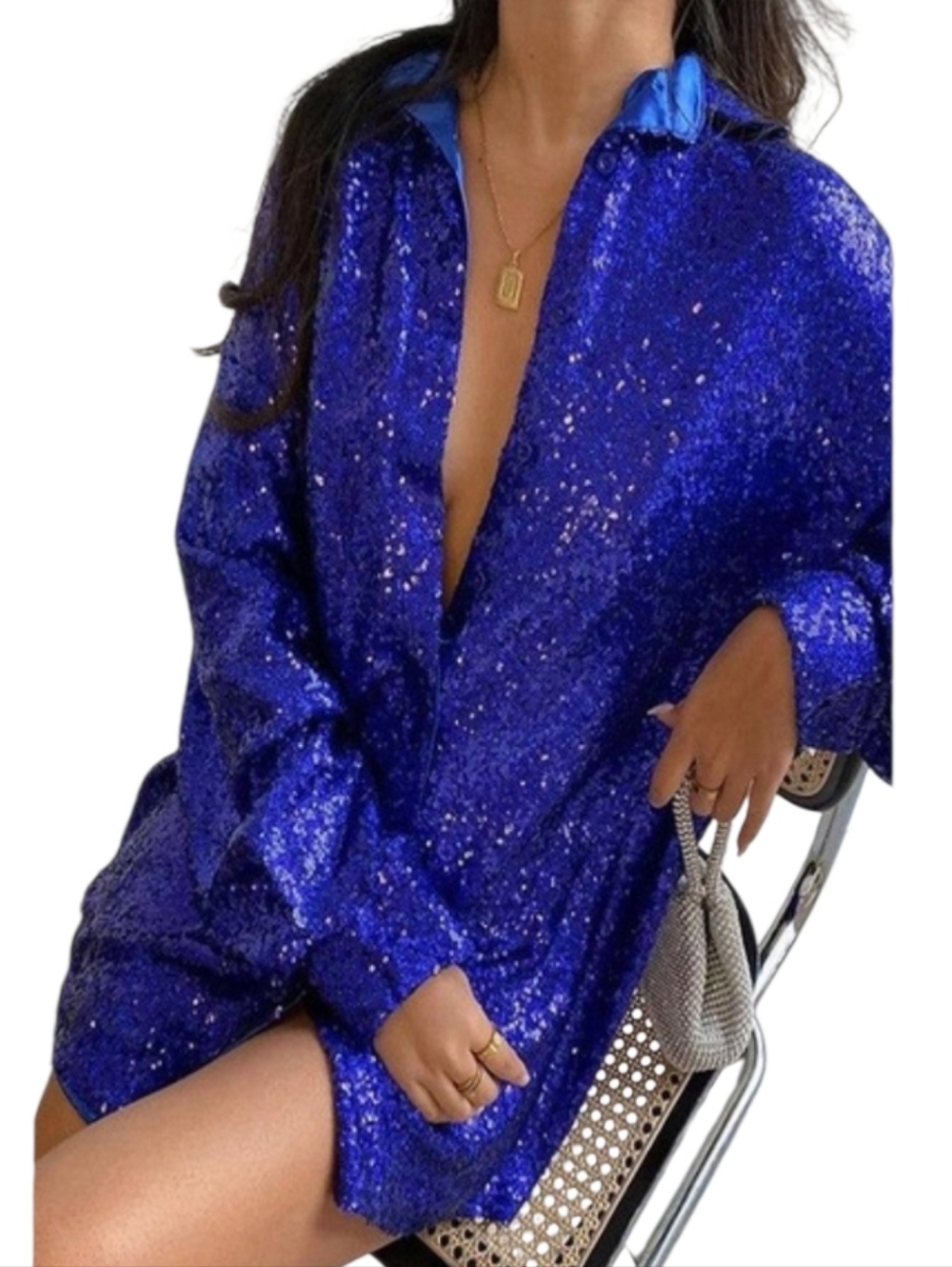 Nwot SLA Cobalt Blue Sequined Longsleeve Satin Lined Collared Mini Dress / Tunic